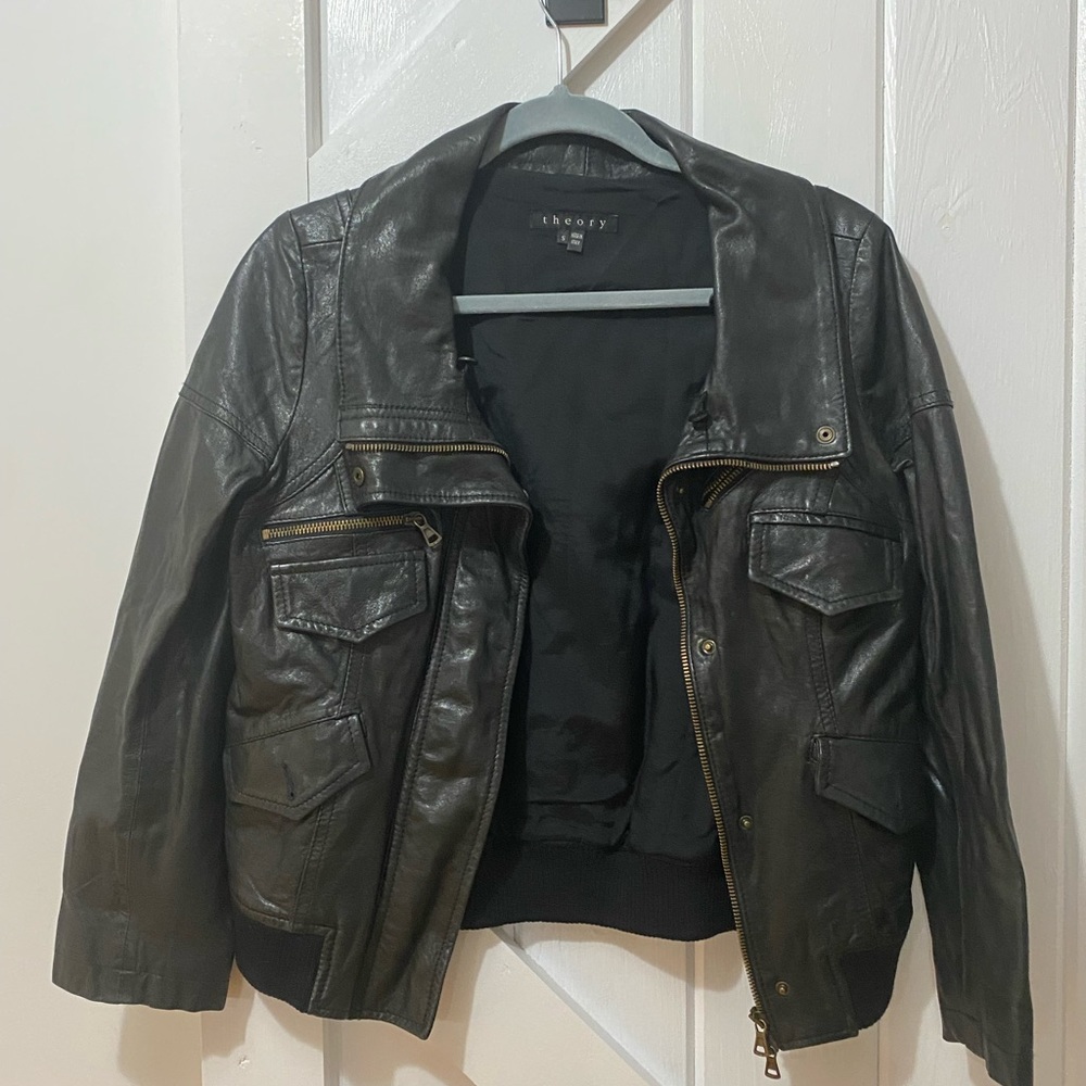 Theory leather aviator jacket black size small
